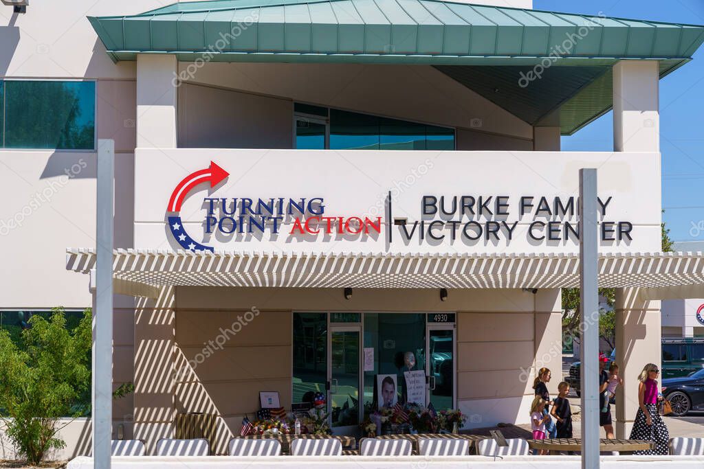 Phoenix, Arizona - September 13, 2025: Logo and sign at the Turning Point USA Headquarters, after Charlie Kirk was killed fatally shot while speaking at Utah Valley University in Orem, Utah
