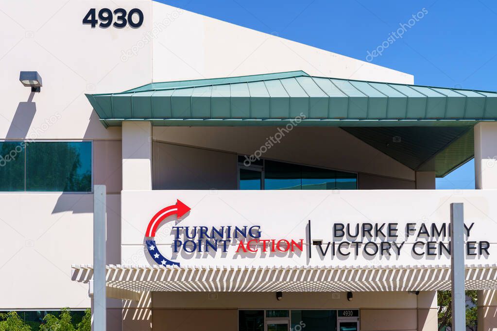 Phoenix, Arizona - September 13, 2025: Logo and sign at the Turning Point USA Headquarters, after Charlie Kirk was killed fatally shot while speaking at Utah Valley University in Orem, Utah