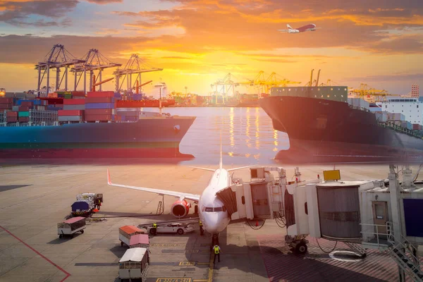 Airplane shipping delivery transfer with Logistics and transportation of Container Cargo ship and Cargo plane, Business Logistics import export and transport concept