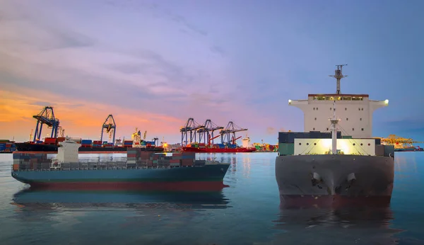 Logistics and transportation of international container cargo ship and cargo plane with ports crane bridge in harbor at sunset sky for logistics import export background and transportation industry.