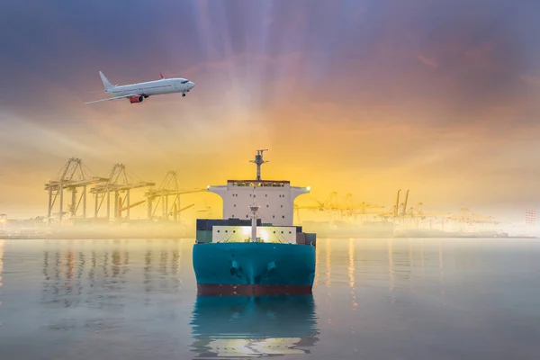 Logistics and transportation of international container cargo ship and cargo plane with ports crane bridge in harbor at sunset sky for logistics import export background and transportation industry.