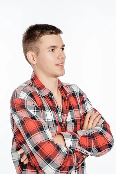 Retrato Niño Estudio Fotográfico Hombre Joven Posando Sobre Fondo Blanco —  Fotos de Stock