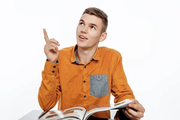 Young Man Reads Book Guy Browsing Magazine Reading Emotions — Stock Photo, Image