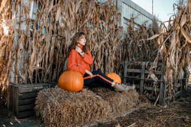 Krakow'daki Vistula Nehri üzerinde genç bir kadın. Şık kız güneş gözlüğü telefonunu görüşmelerde. Krakow kenti.