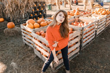 Genç kadın kabak bir çiftlikte. Kabaklar yakınındaki güzel kız. Bir kızla bir kabak. Kabak alan.