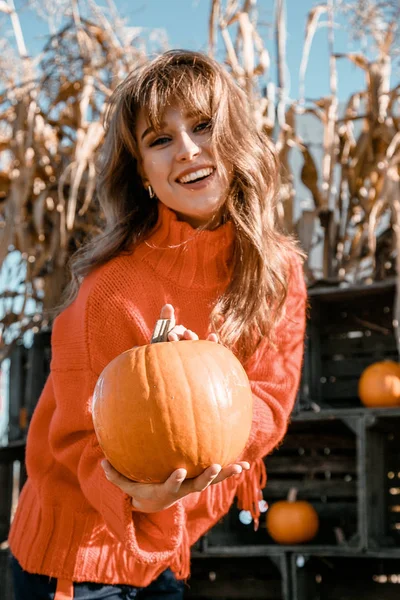 Young woman on a pumpkin farm. Beautiful girl near pumpkins. A girl with a pumpkin. Pumpkin Field.