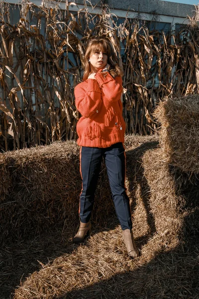Young woman near corn. beautiful girl in the village. Autumn.