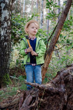 Sonbahar ormanında şapkalı küçük bir çocuk. Elinde balta olan bir çocuk ağaç keser. Küçük oduncu. Ormanda çalış..