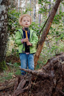 Sonbahar ormanında şapkalı küçük bir çocuk. Elinde balta olan bir çocuk ağaç keser. Küçük oduncu. Ormanda çalış..