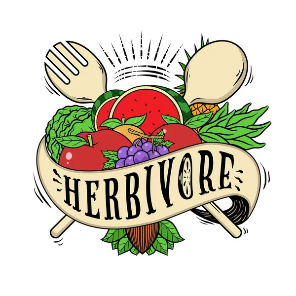 Vegan veya vejetaryen illüstrasyon tasarımı ile meyve, sebze, kaşık ve çatal grafik elemanı. uygun t gömlek, poster, sticker vs için.