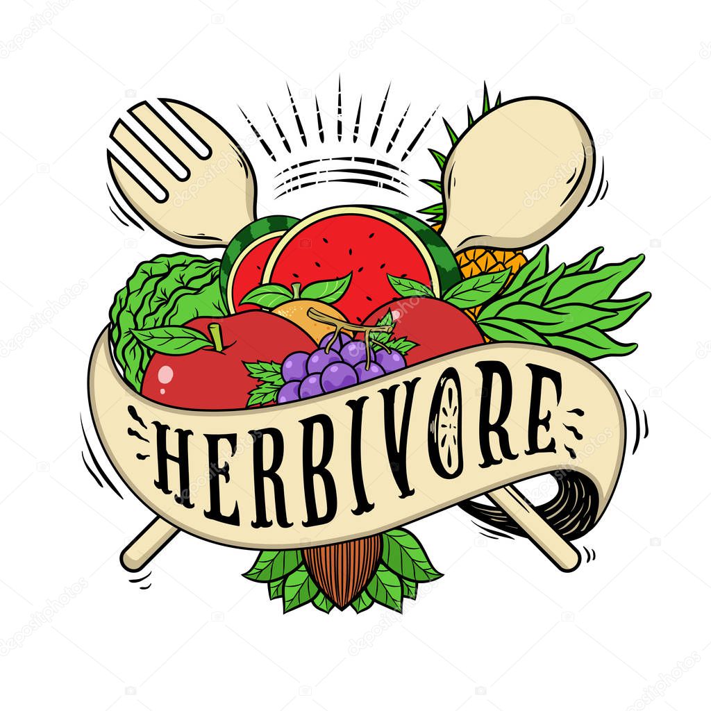 Vegan or vegetarian illustration design with fruits, vegetables, spoon and fork graphic element. fit for t shirt,poster, sticker etc.