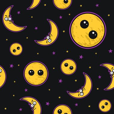 Minimalist Dikişsiz desen baskı tasarımı. Şirin dolunay ve hilal ay karakter sonsuz yinelenebilir arka plan
