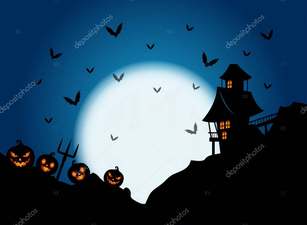 Pumpkin castle with full Moon Halloween background