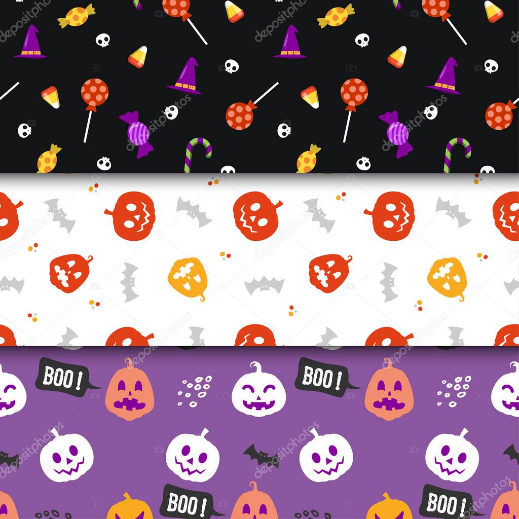 Set of minimalist seamless pattern print design. Repeatable endless background with witch hat, pumpkin, skull, candy, bat