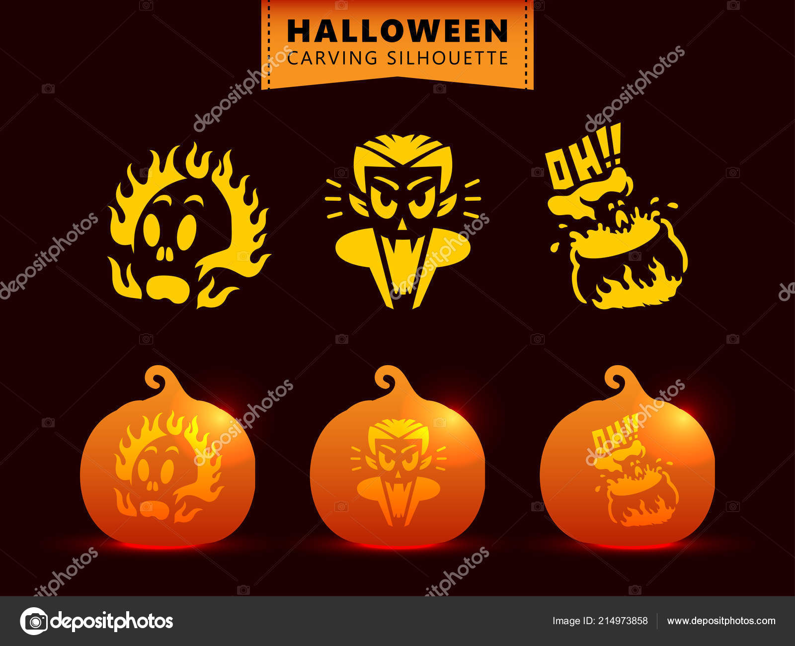 一套剪影南瓜雕刻字符模板烧死的头骨吸血鬼德古拉水壶女巫图库矢量图©Rawtwo 214973858, image size:1600x1300