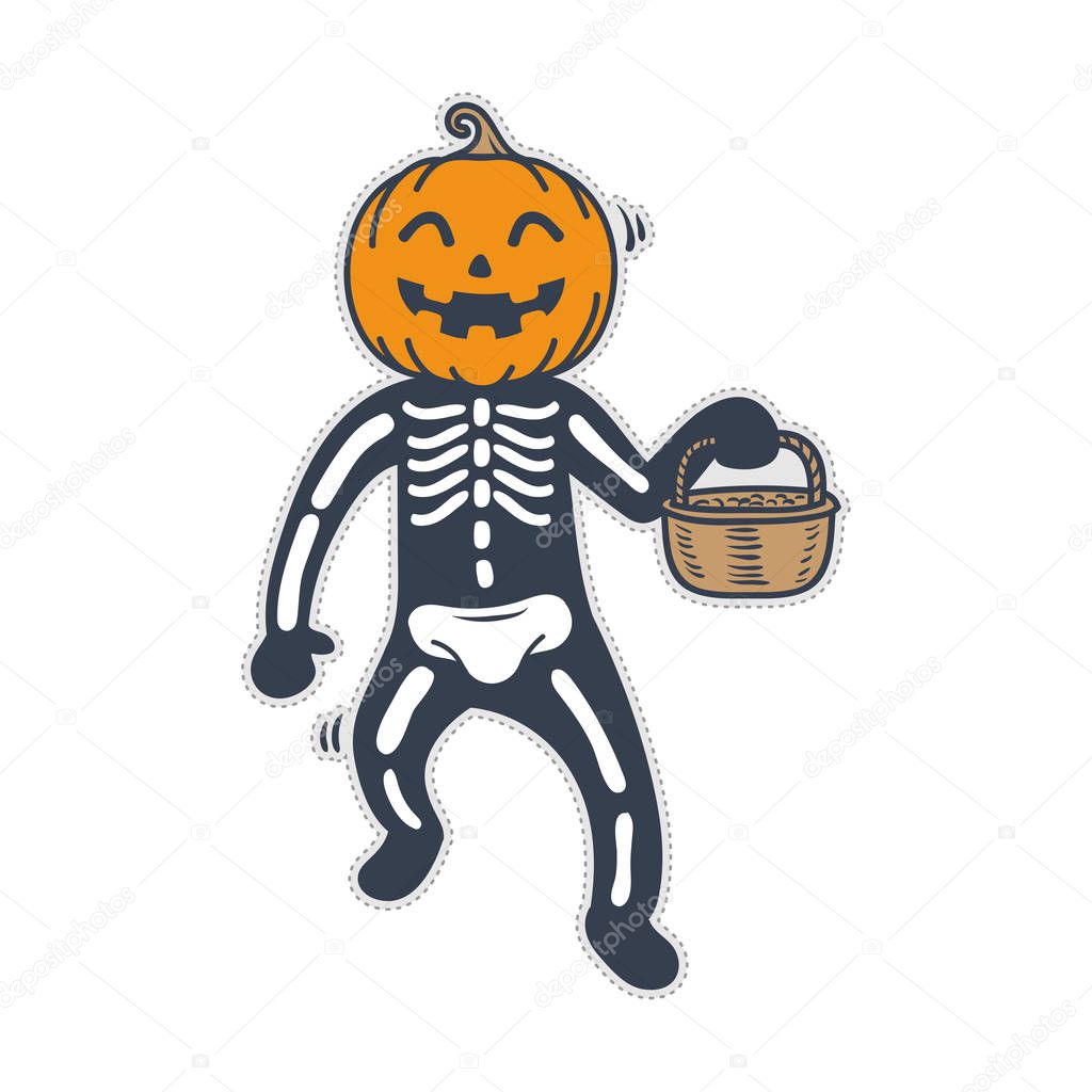 Cute skeleton pumpkin halloween costume. Doodle character for sticker, patch etc.