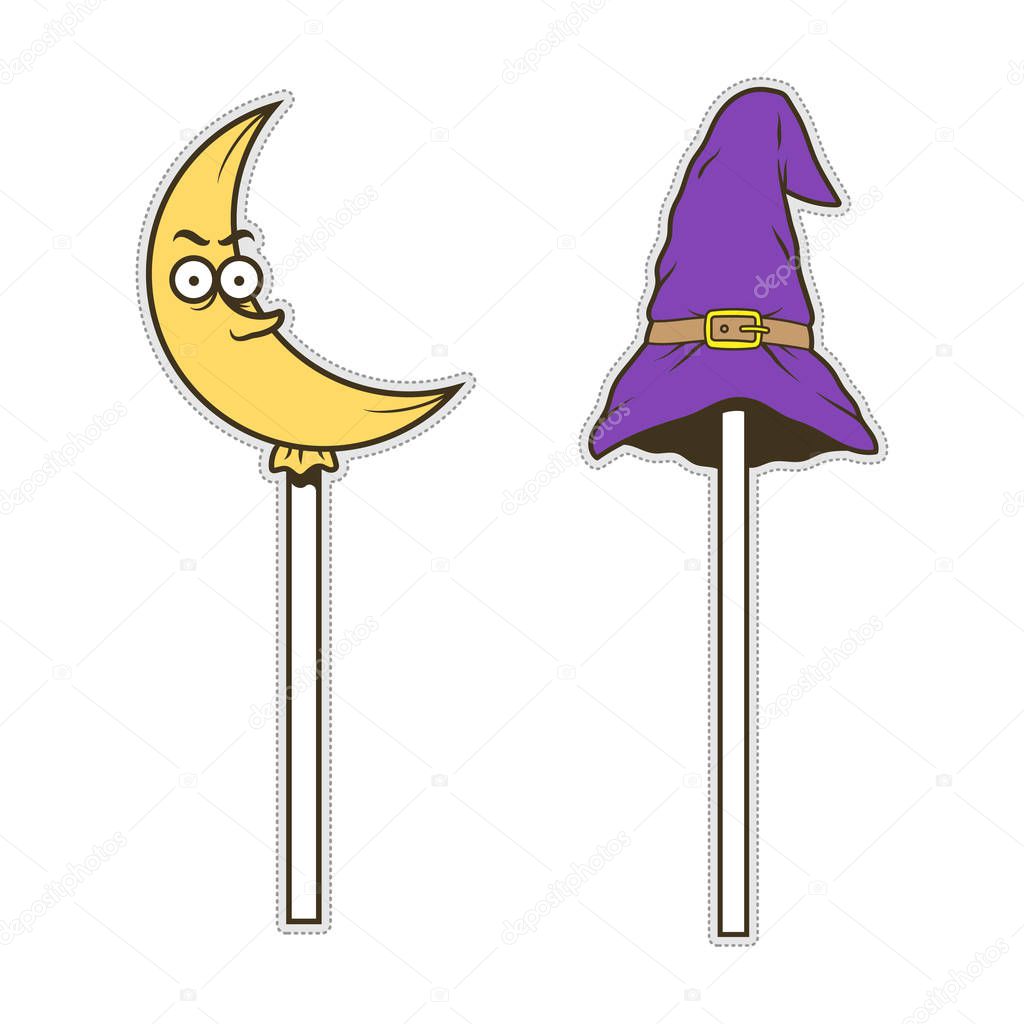 Cute doodle candy crescent moon, witch hat for sticker or patch