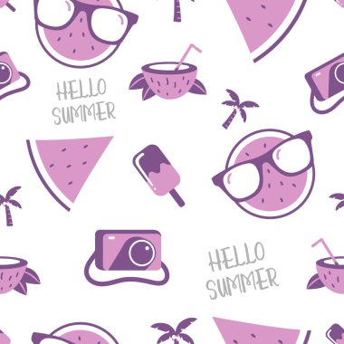 Yaz kusursuz desen. Karpuz, dondurma, hindistan cevizi, baskı tasarımı için kamera ile el çizilmiş stil.