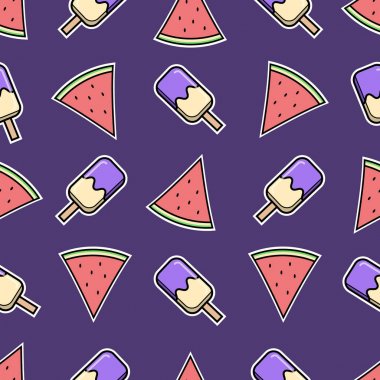 Yaz kusursuz desen. Karpuz, dondurma baskı tasarımı ile el çizilmiş stil.