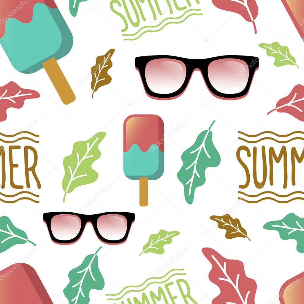 Summer seamless pattern. Hand drawn style with watermelon, ice cream, coconut for print design.