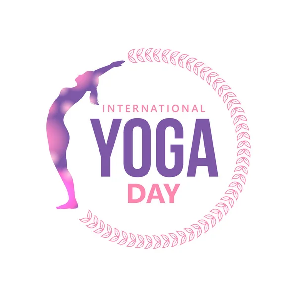 Kadın siluet ve çiçek çelenk ile mutlu uluslararası yoga günü. beyaz arka plan üzerinde izole.