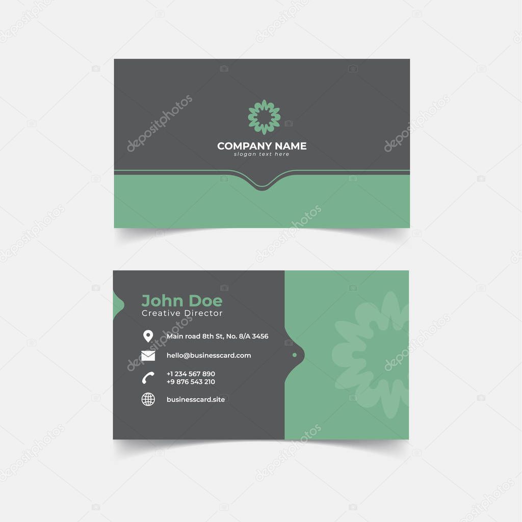 Minimalist business card print template. Personal name card with company logo. Gray and dull green color.