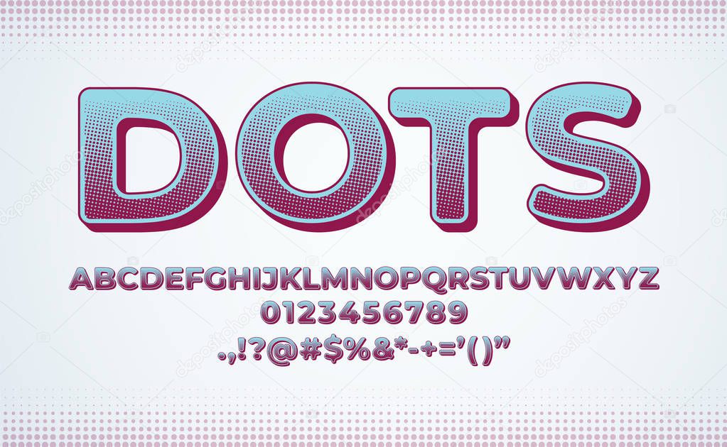 Alphabet font set. Set of type letters and numbers. Halftone dot effect gritty textured.