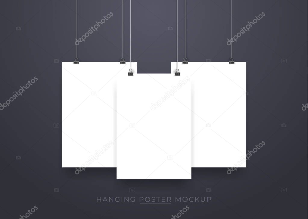 hanging poster mockup isolated on dark background. stock vector design eps 10
