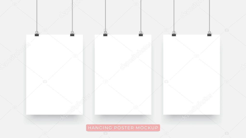 hanging poster mockup isolated on light gray background. stock vector design eps 10