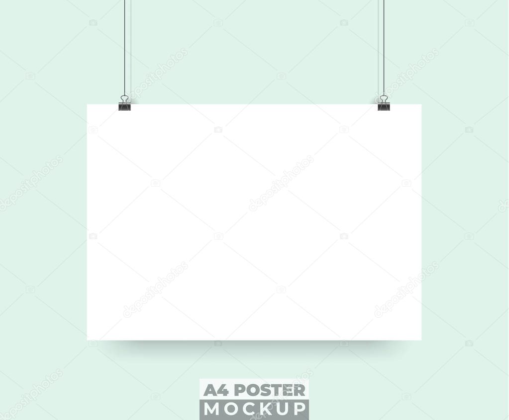 hanging poster mockup isolated on pastel color background. stock vector design eps 10