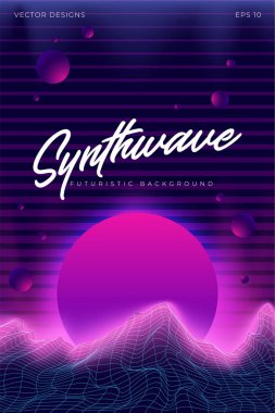 3d Arka Plan İllüstrasyon 80s Sahne esinlenerek. Synthwave, retrowave arka plan.