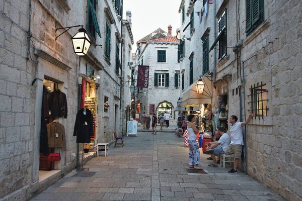Tables of a street restaurant in the old town of Dubrovnik. in Dubrovnik, Croatia