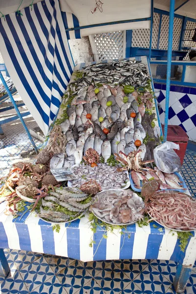 Varierad Meny Med Fisk Och Skaldjur Essaouira Marocko — Stockfoto