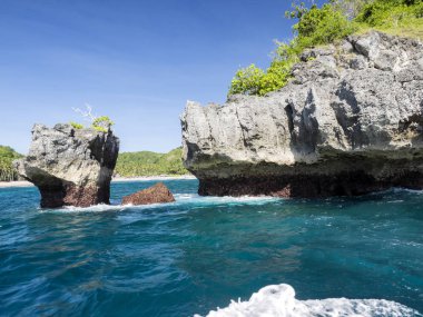 Yeşil, Penida Adası, Indonesi'nın Batı kıyısı ile kaplı kalker kayalar