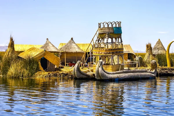 reed houses on floating island of floating reed,Lake Titicaca, Peru