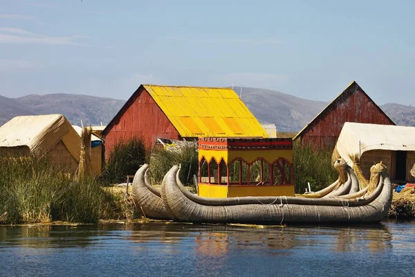 reed houses on floating island of floating reed,Lake Titicaca, Peru