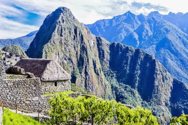 Görünümü, antik Inca şehir, Machu Picchu. 15-yy Inca sitesi. 'kayıp şehir İnka'. Machu Picchu tapınak kalıntıları. UNESCO Dünya Mirası Sit alanı. Peru