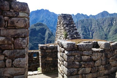 Görünümü, antik Inca şehir, Machu Picchu. 15-yy Inca sitesi. 'kayıp şehir İnka'. Machu Picchu tapınak kalıntıları. UNESCO Dünya Mirası Sit alanı. Peru