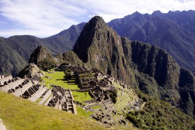 Görünümü, antik Inca şehir, Machu Picchu. 15-yy Inca sitesi. 'kayıp şehir İnka'. Machu Picchu tapınak kalıntıları. UNESCO Dünya Mirası Sit alanı. Peru