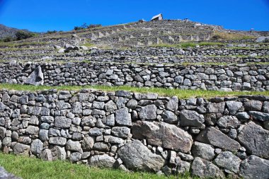 Görünümü, antik Inca şehir, Machu Picchu. 15-yy Inca sitesi. 'kayıp şehir İnka'. Machu Picchu tapınak kalıntıları. UNESCO Dünya Mirası Sit alanı. Peru