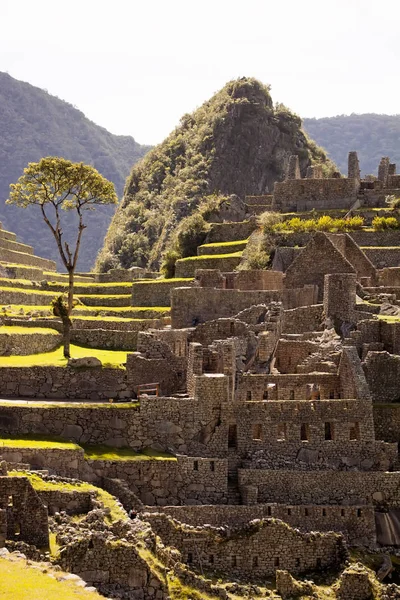 Görünümü, antik Inca şehir, Machu Picchu. 15-yy Inca sitesi. 'kayıp şehir İnka'. Machu Picchu tapınak kalıntıları. UNESCO Dünya Mirası Sit alanı. Peru