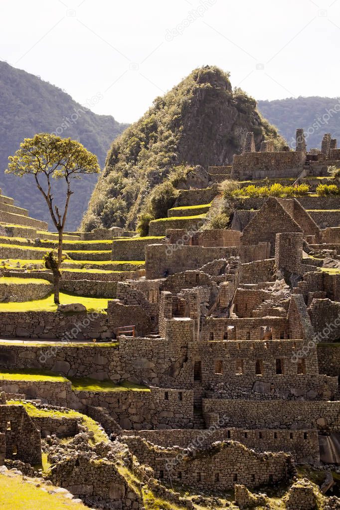 View of the ancient Inca City of Machu Picchu. The 15-th century Inca site.'Lost city of the Incas'. Ruins of the Machu Picchu sanctuary. UNESCO World Heritage site.Peru