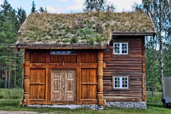 Casa Madera Original Con Techo Cubierto Hierba Noruega — Foto de Stock