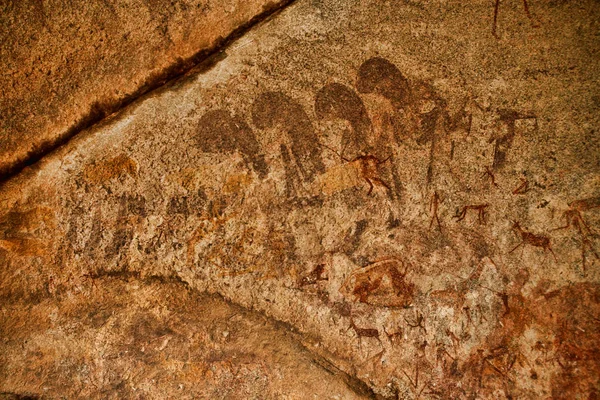 Bosjesmannen Rock Schilderij Van Menselijke Figuren Antilopen Giraf Van Het — Stockfoto