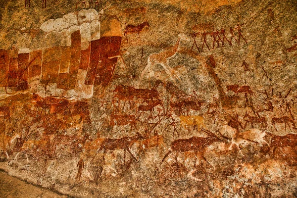 Bosjesmannen Rock Schilderij Van Menselijke Figuren Antilopen Giraf Van Het — Stockfoto