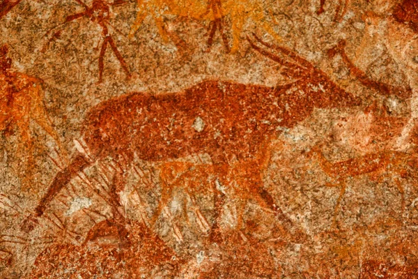 Bushmen Rock Painting Human Figures Antelopes Giraffe Matopos National Park — Stock Photo, Image
