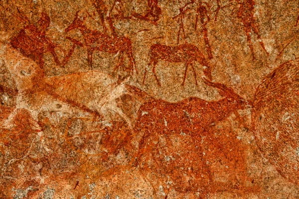 Bushmen Rock Painting Human Figures Antelopes Giraffe Matopos National Park — Stock Photo, Image