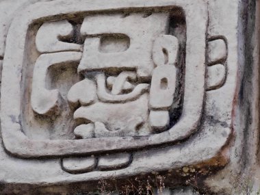 Details of Mayan scenes engraved in stone. Aarcheological site, Xunantunich, Belize clipart
