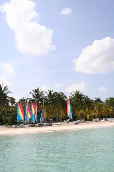 Güzel okyanus manzaralı bir tropik ada Beach parlak tekne ve palmiye ağaçları ile.