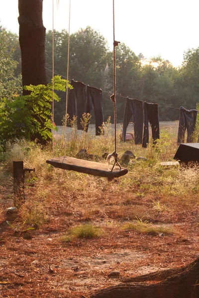 Bir kamp bir ağaçtan asılı ahşap ve halat bir tahta yapılmış eski bir moda salıncak. Çamaşır, kot, arka planda hat üzerinde kurutma görülebilir.